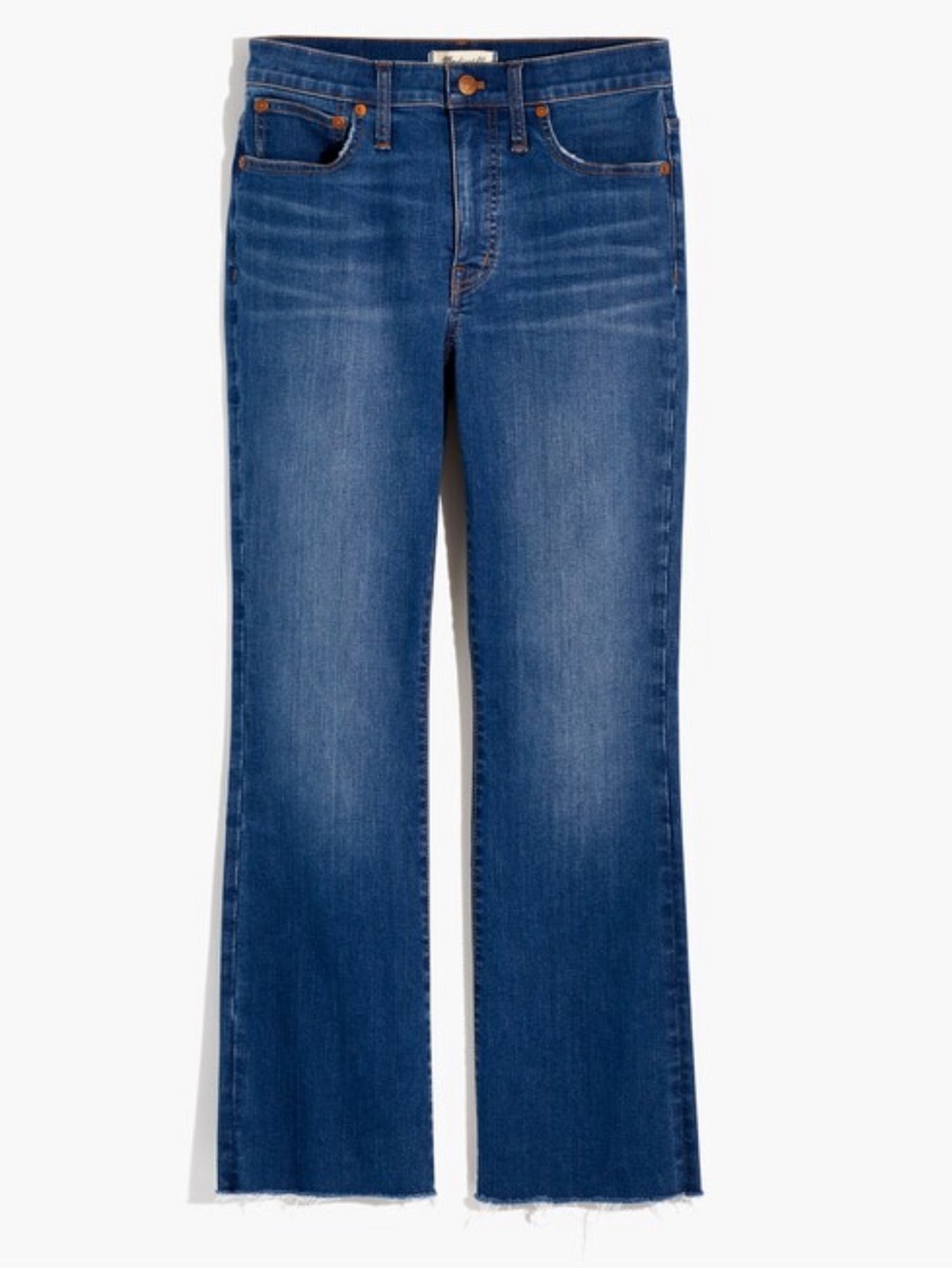 MADEWELL Cali Demi-Boot Flare Raw Hem Dark Blue Jeans High Rise Stretch